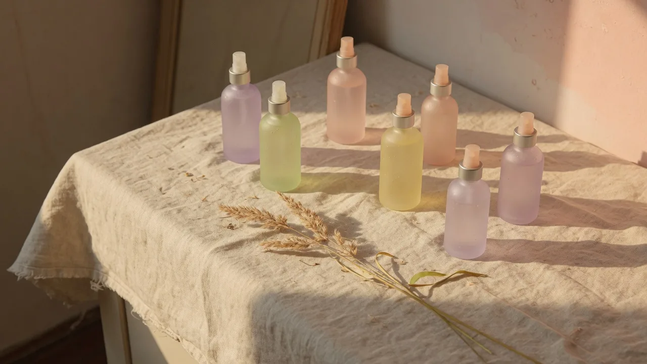 Meja linen dengan beberapa botol perawatan berwarna pastel.